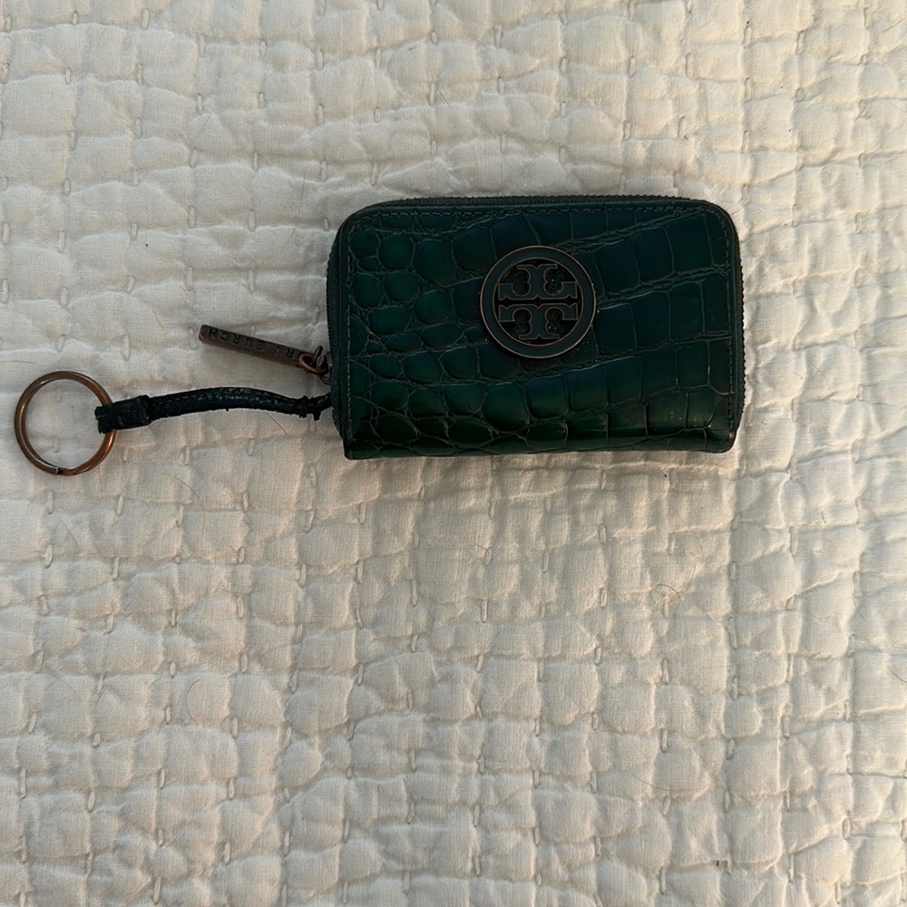 Tory Burch green alligator key chain wallet